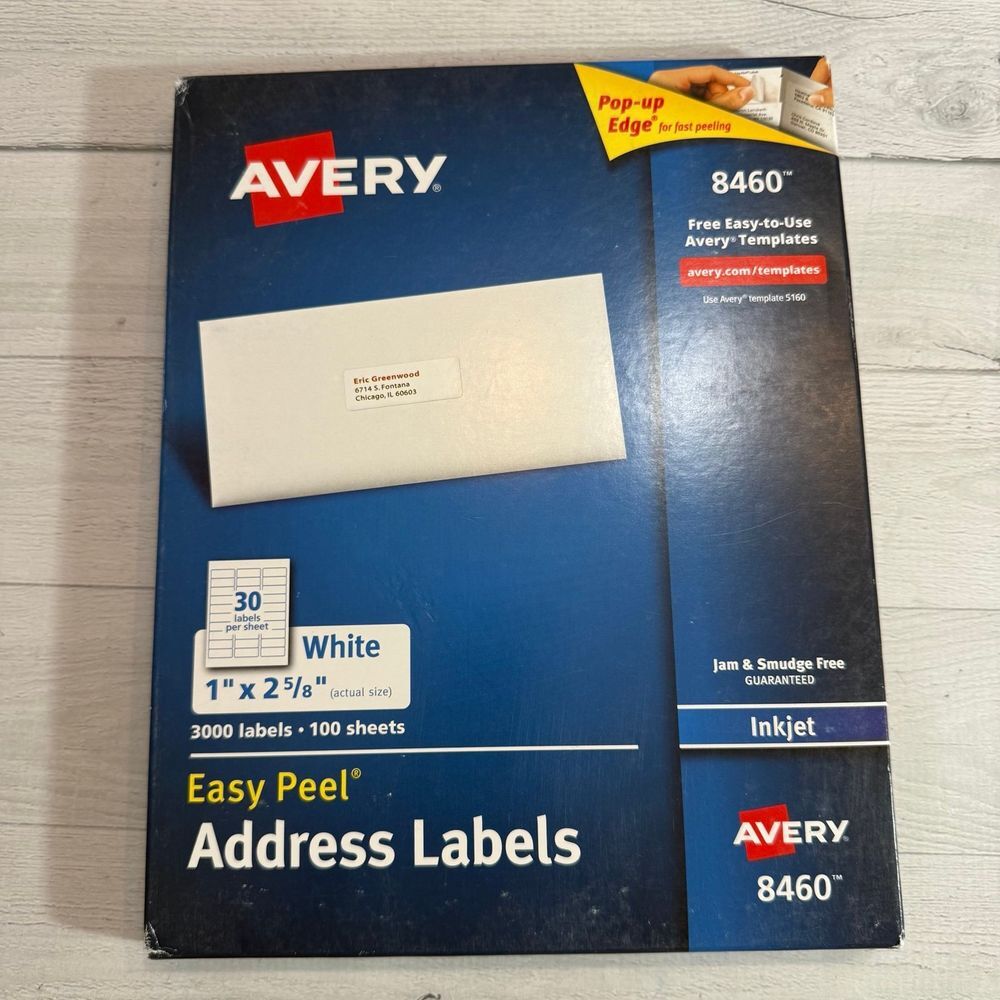 Avery 8460 easy peel address labels inkjet, 3000 labels 100‎ sheets NEW
